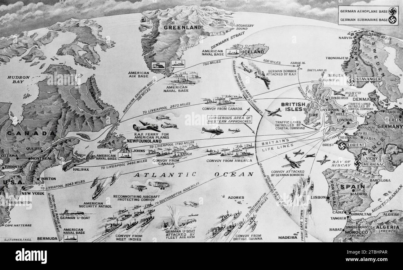 Una mappa della seconda guerra mondiale che illustra le rotte prese dai convogli e le misure adottate per superare gli U-Boot tedeschi e i bombardieri a lungo raggio durante marzo e aprile 1941. La linea di salvataggio rimase ininterrotta, nonostante le perdite di 225 navi, a causa del lavoro della Royal Navy e della Royal Air Force. Foto Stock