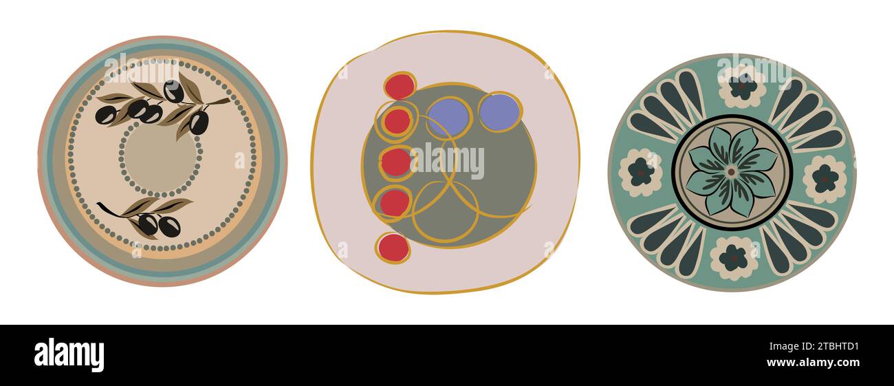 Set di piastre in ceramica fatte a mano con isolamento vettoriale. Illustrazione Vettoriale
