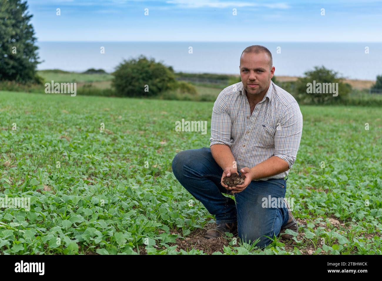 Contadino che tiene il terreno in mano. Co Durham, Regno Unito. Foto Stock