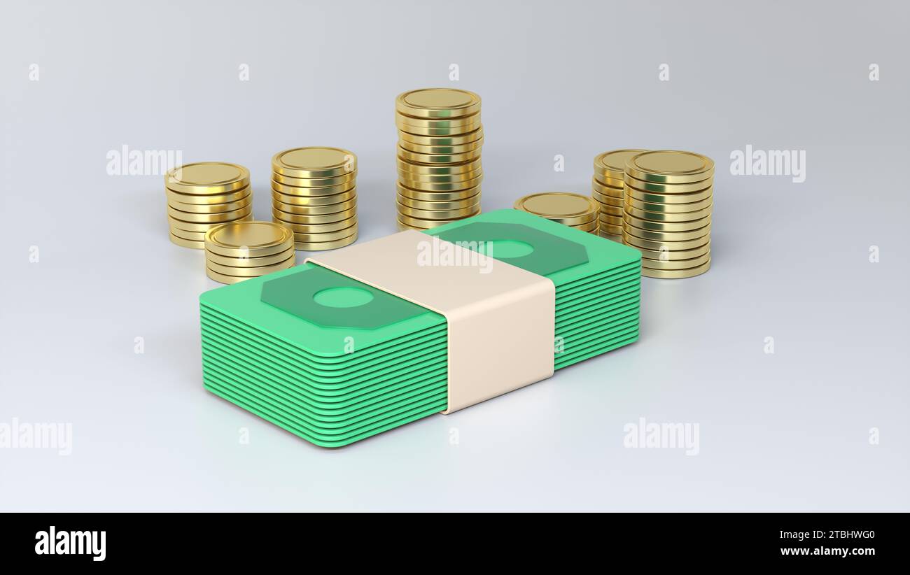 Icona banconote da un dollaro con monete. Pagamento in denaro, Dollar Bill, Banking Finance Investment, Financial Business Transactions, Money Cash. Foto Stock