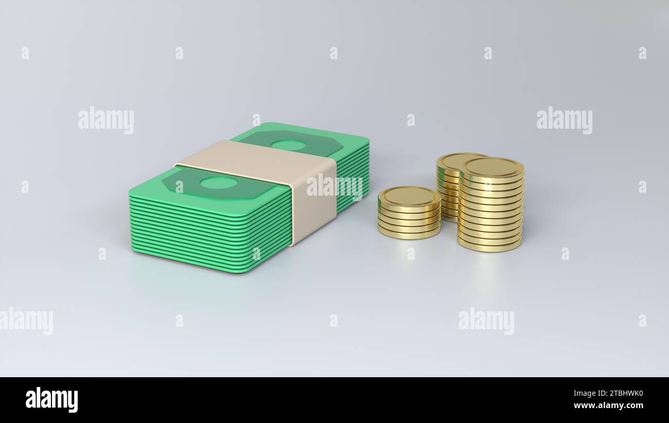 Icona banconote da un dollaro con monete. Pagamento in denaro, Dollar Bill, Banking Finance Investment, Financial Business Transactions, Money Cash. Foto Stock