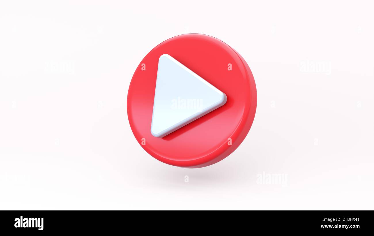 Icona rossa del pulsante di riproduzione su sfondo bianco morbido Studio. Icona riproduzione video, Social Media, firma lettore multimediale, lettore video, streaming, streaming live. Foto Stock