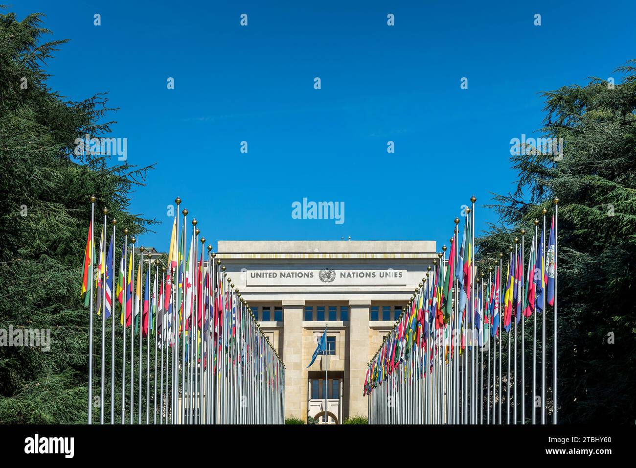 Serie di bandiere presso l'ufficio delle Nazioni Unite nel Palais des Nations di Ginevra, Svizzera Foto Stock