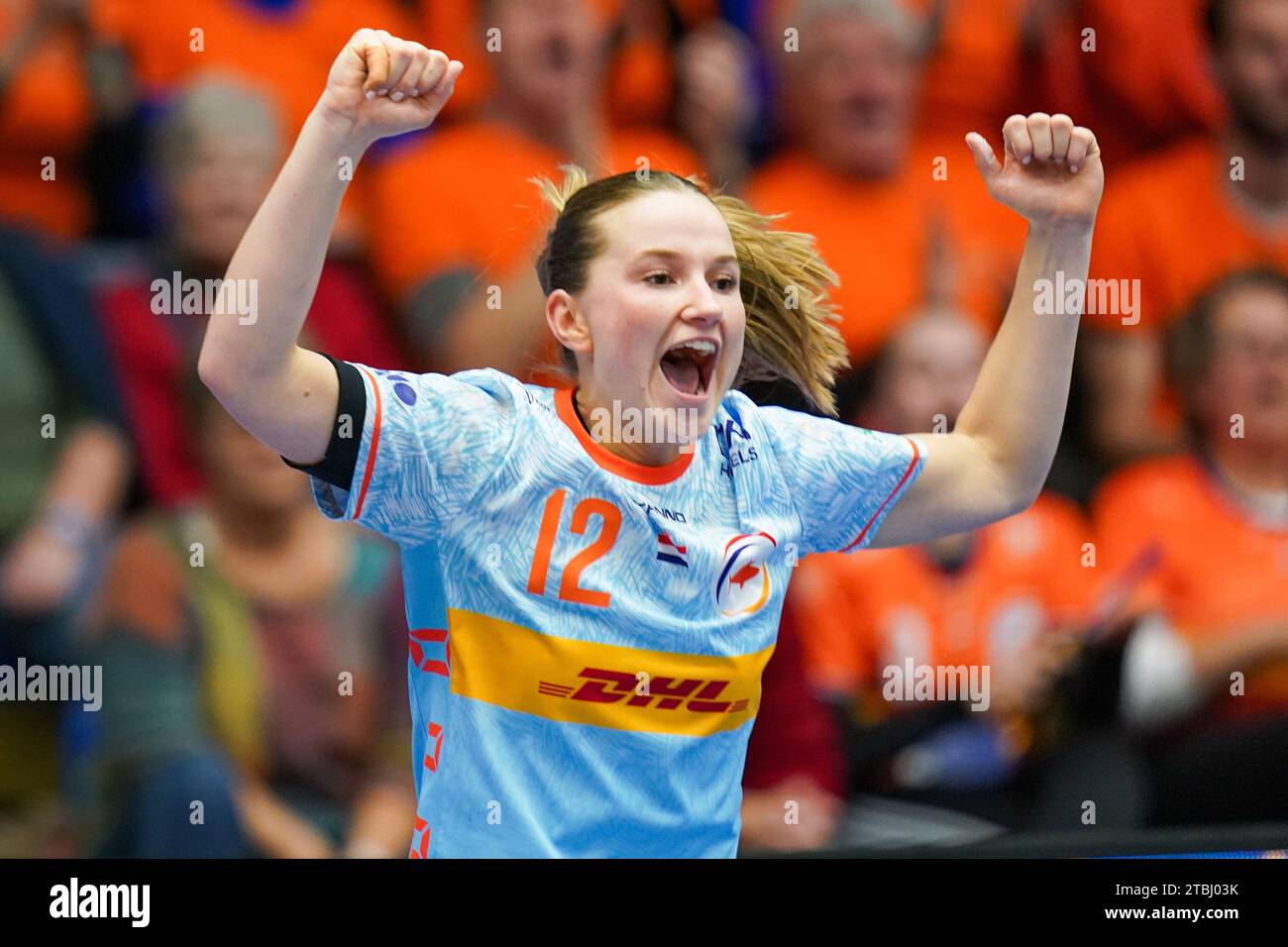 Bo van Wetering dei Paesi Bassi durante il 26° Campionato del mondo femminile IHF 2023, Main Round IV partita di pallamano tra Paesi Bassi e Brasile il 6 dicembre 2023 all'Arena Nord di Fredrikshavn, Danimarca Foto Stock