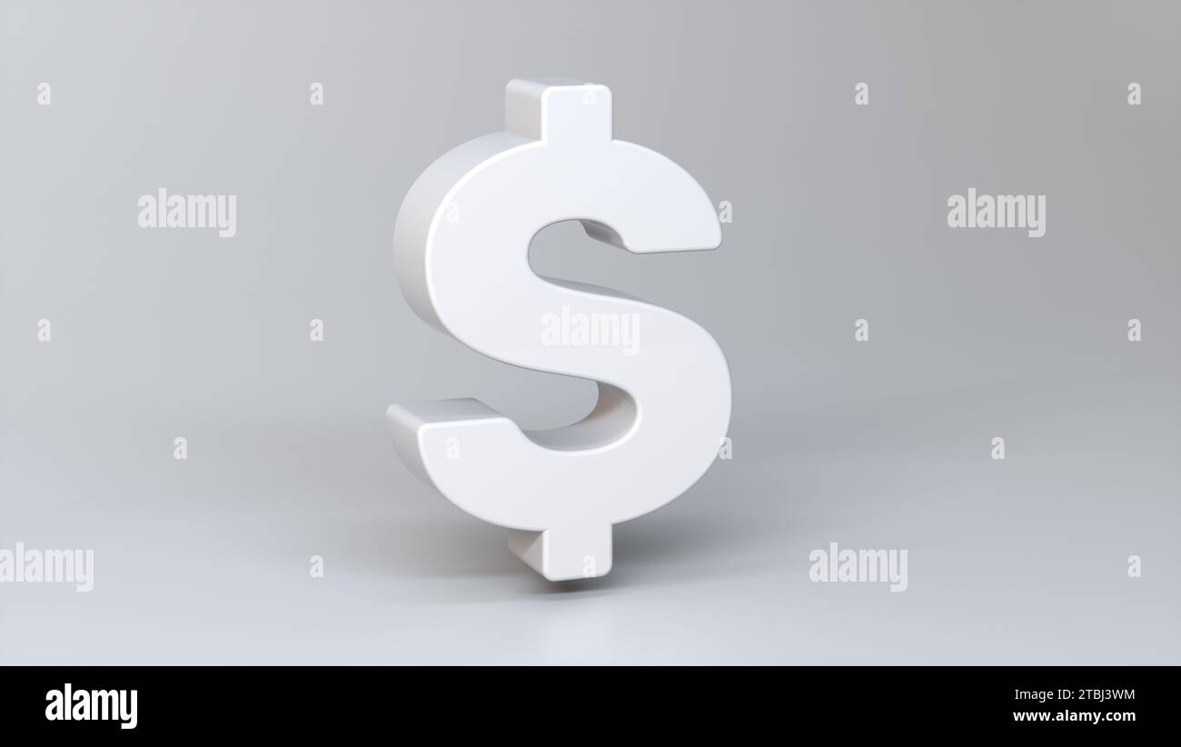 Simbolo del denaro del dollaro bianco su un morbido sfondo grigio studio. Cambio valuta. Concetto di business. Illustrazione di rappresentazione 3D. Foto Stock