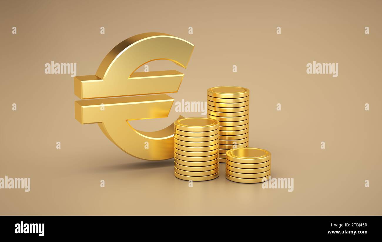 Simbolo del denaro in euro d'oro con una pila di monete d'oro su sfondo beige. Cambio valuta. Concetto di business. Illustrazione di rappresentazione 3D. Foto Stock