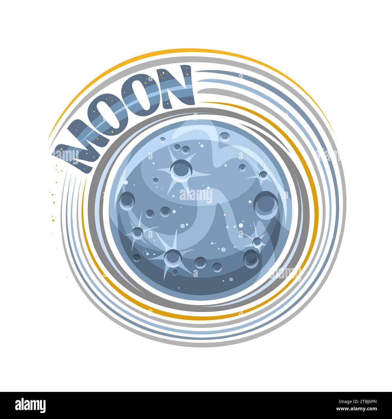 Logo vettoriale per Moon, stampa cosmica con satellite di roccia rotante, superficie del pianeta luna con crateri e montagne, insegna decorativa cosmo con bru unico Illustrazione Vettoriale