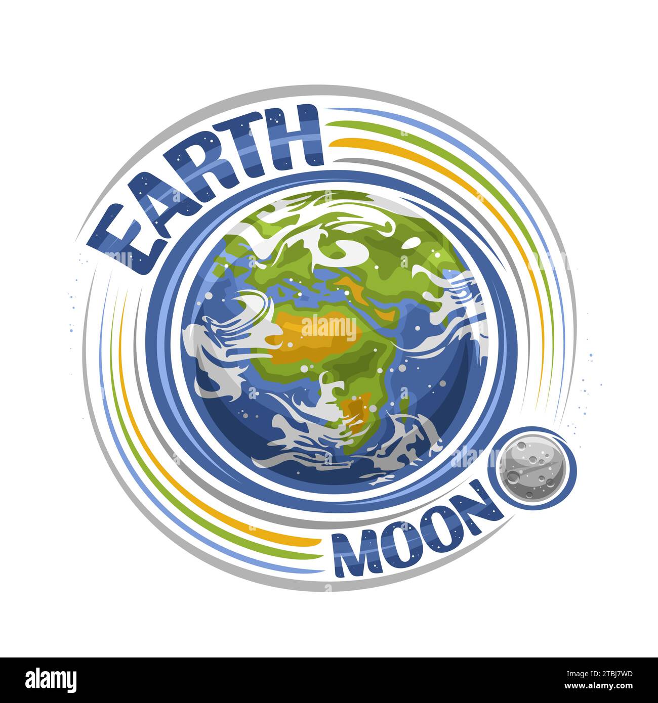 Logo vettoriale per Terra e Luna, stampa cosmica con pianeta Terra con satellite di roccia rotante, superficie del pianeta con continenti e mari, esclusiva spazzola Let Illustrazione Vettoriale