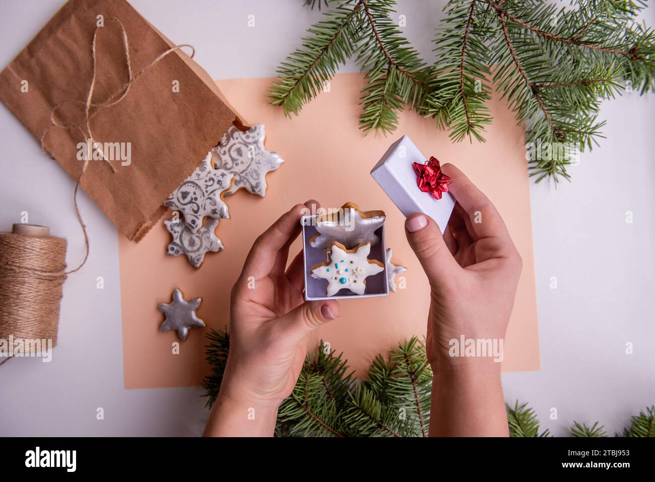 Per Natale, tieni con le mani una scatola bianca con fiocco rosso contenente biscotti fatti in casa al pan di zenzero a forma di fiocco di neve. Sullo sfondo isolato di pesca fuzz, in alto Foto Stock