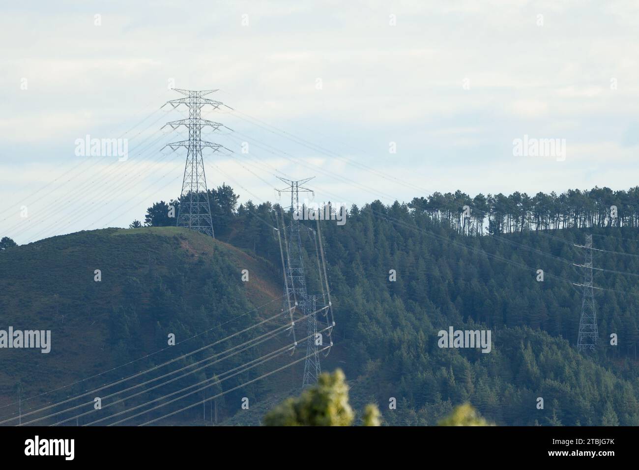 Impatto visivo delle torri ad alta tensione sul Monte Mello, Bizkaia Foto Stock