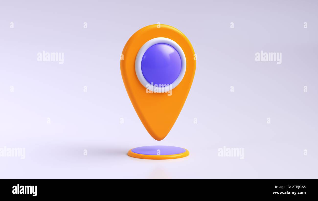 L'etichetta arancione del localizzatore della mappa ruota intorno all'asse. Icona di posizione o icona di navigazione su sfondo viola morbido. Concetto di ricerca. Stile minimalista dei cartoni animati. Foto Stock