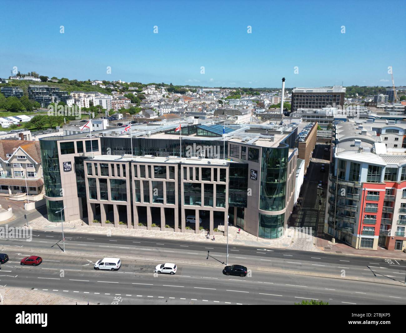 Royal Bank of Canada St Helier Channel Islands drone, aereo Foto Stock