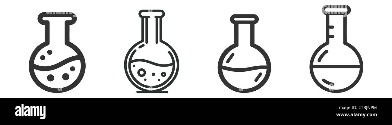 Set di provette per analisi chimiche, confezione, raccolta. Tubo di vetro. Modello per matraccio. Contenitore in vetro. Matraccio di veleno. Icona JAR. Illustrazione Vettoriale