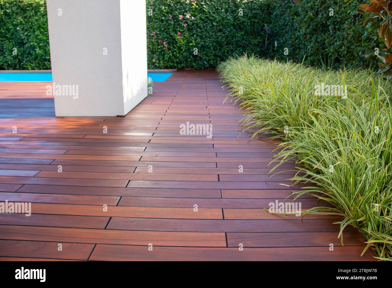 Terrazza in legno con recinzione e piscina sempreverdi, idea esotica di terrazza in legno Foto Stock