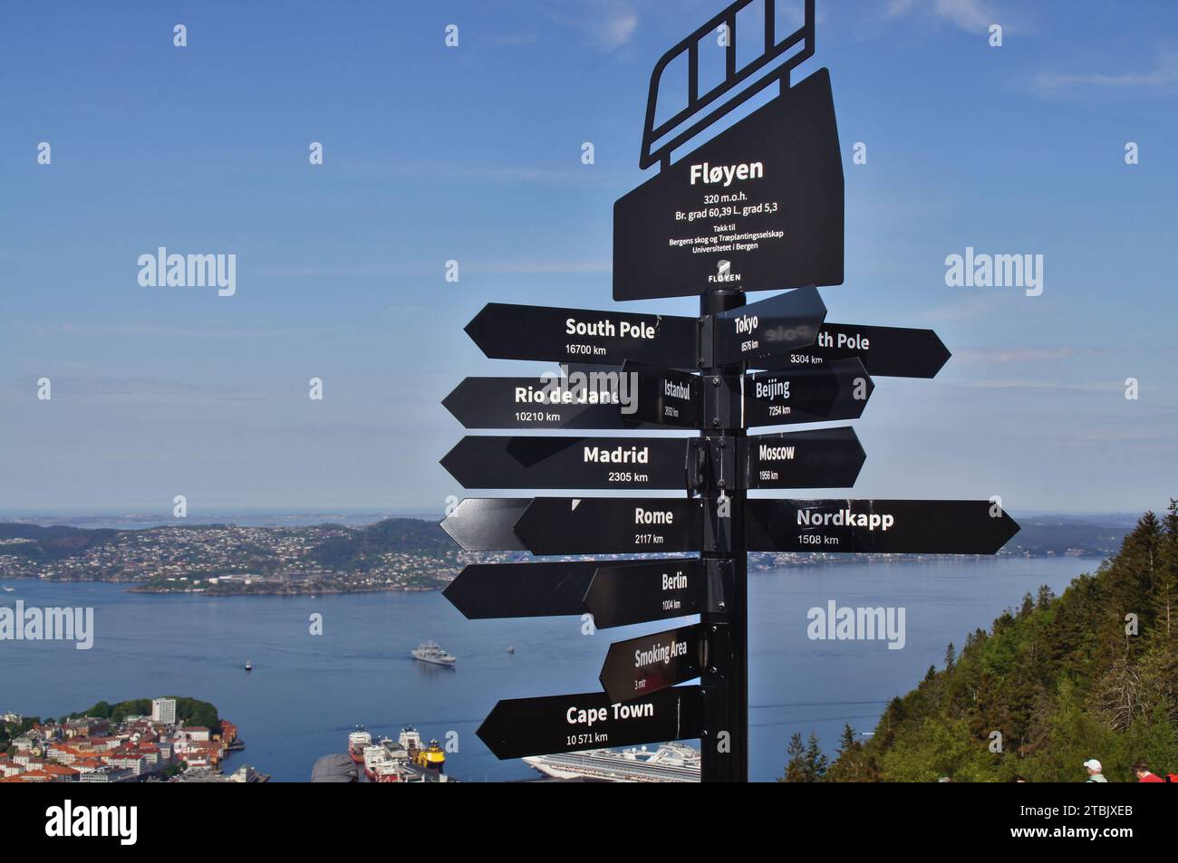 Cartello su Mount Floyen, Vestland County, Bergen, Norvegia Foto Stock