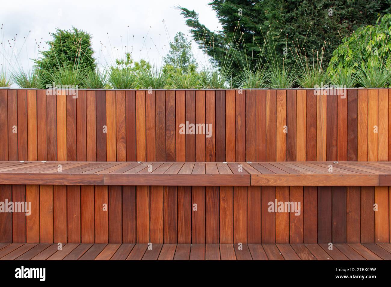 Rivestimento e pavimentazione in legno per recinzioni, vegetazione da giardino sulla parte superiore, linee orizzontali e verticali Foto Stock