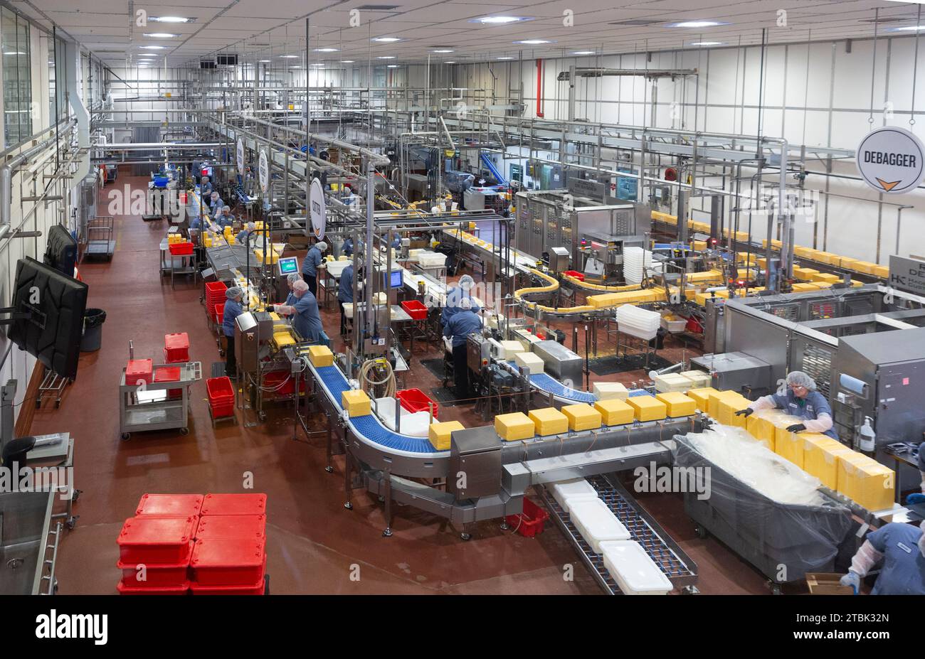 Lavoratori che lavorano all'interno della cooperativa casearia di proprietà degli agricoltori Tillamook, in Oregon Foto Stock