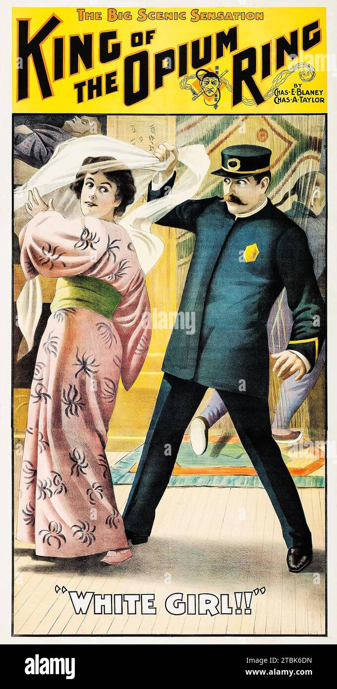 "Poster teatrale per "The King of the Opium Ring" (Teatro dell'Alhambra, 1904). Con la scena "White Girl!!" Con Maza Molyneux, Laurette Cooney, Fred Douglas, Louis Morrell, George A. Weller, Lizzie Mulvey, Barbara Douglas, Gertrude Clair e Frank B. Hayes. Foto Stock