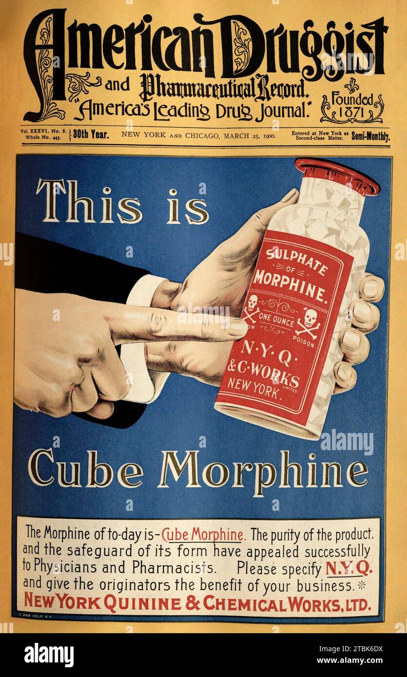 "Copertina della pubblicazione "American Druggist" con un articolo sulla morfina. Il flacone è contrassegnato con teschi e ossa incrociate, ma questo farmaco pesante era un farmaco completamente accettabile dell'epoca indipendentemente dalla dipendenza." Foto Stock