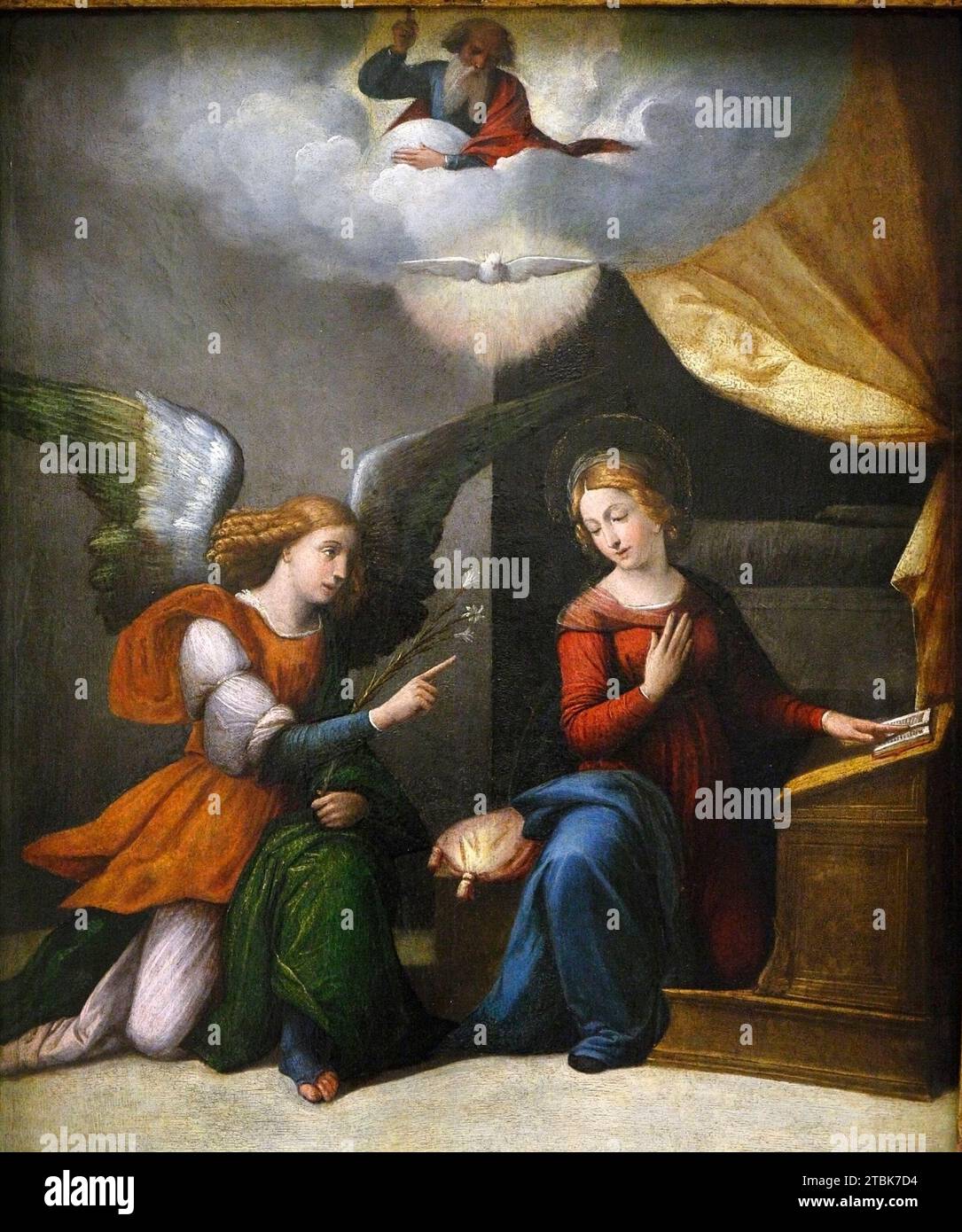 Italia Modena galleria estense - Annunciazione - olio su tavola 1520 - 1530, Garofalo workshop Garofalo - benvenuto Tisi (o il Garofalo) (1481 - 1559 Italia Annunciazione italiana , rappresenta la storia biblica, in cui l'Arcangelo Gabriele annuncia alla Vergine Maria, che è stata scelta per essere la madre di Gesù, la nascita di Cristo, Foto Stock