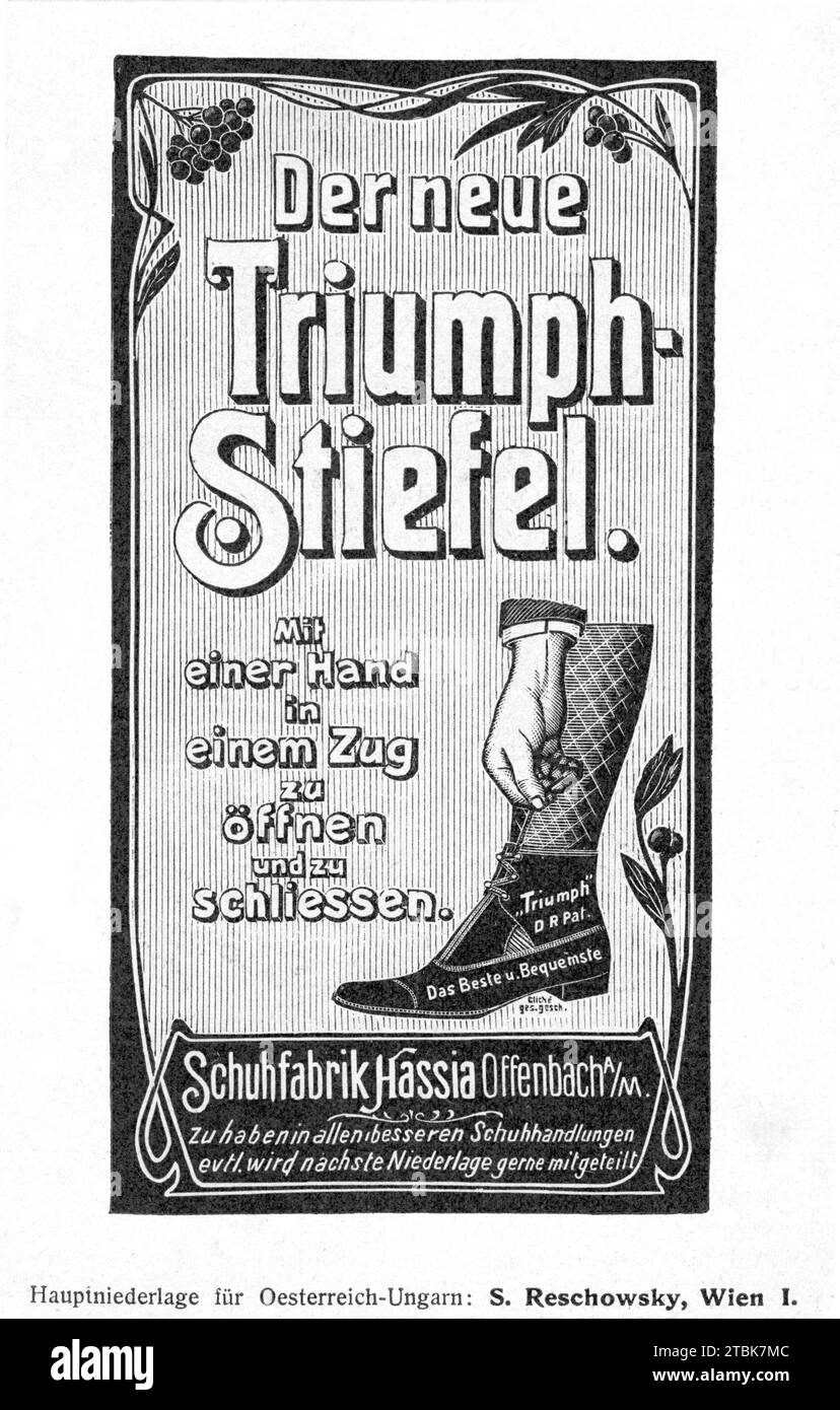 1904 pubblicità di fabbrica di scarpe e stivali da Schuhfabrik Hassia in Austria Foto Stock