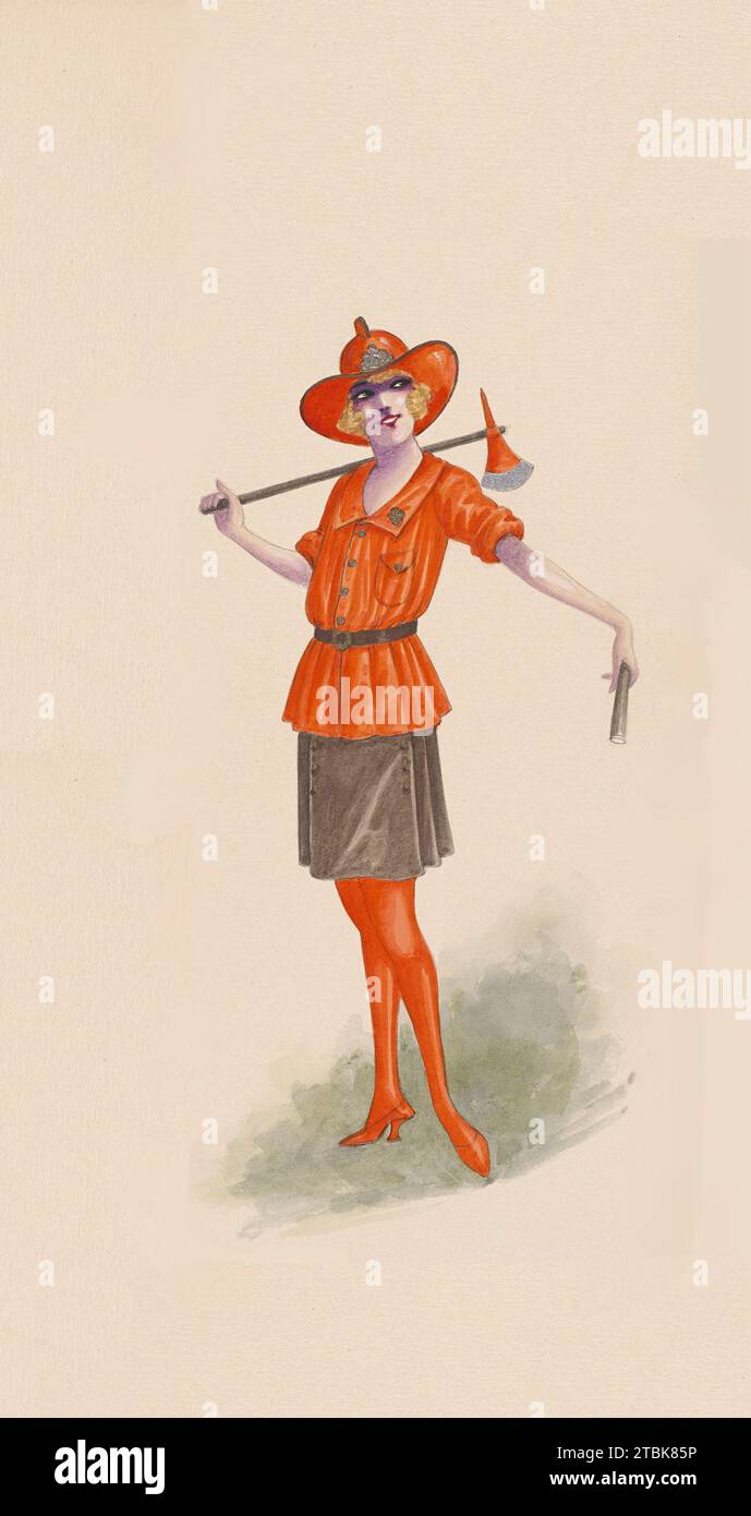 Costume teatrale di un vigile del fuoco per uno spettacolo teatrale a New York City. Foto Stock