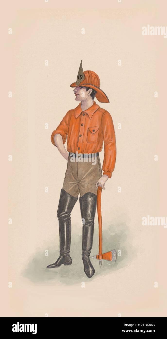 Costume teatrale di un vigile del fuoco per uno spettacolo teatrale a New York City. Foto Stock