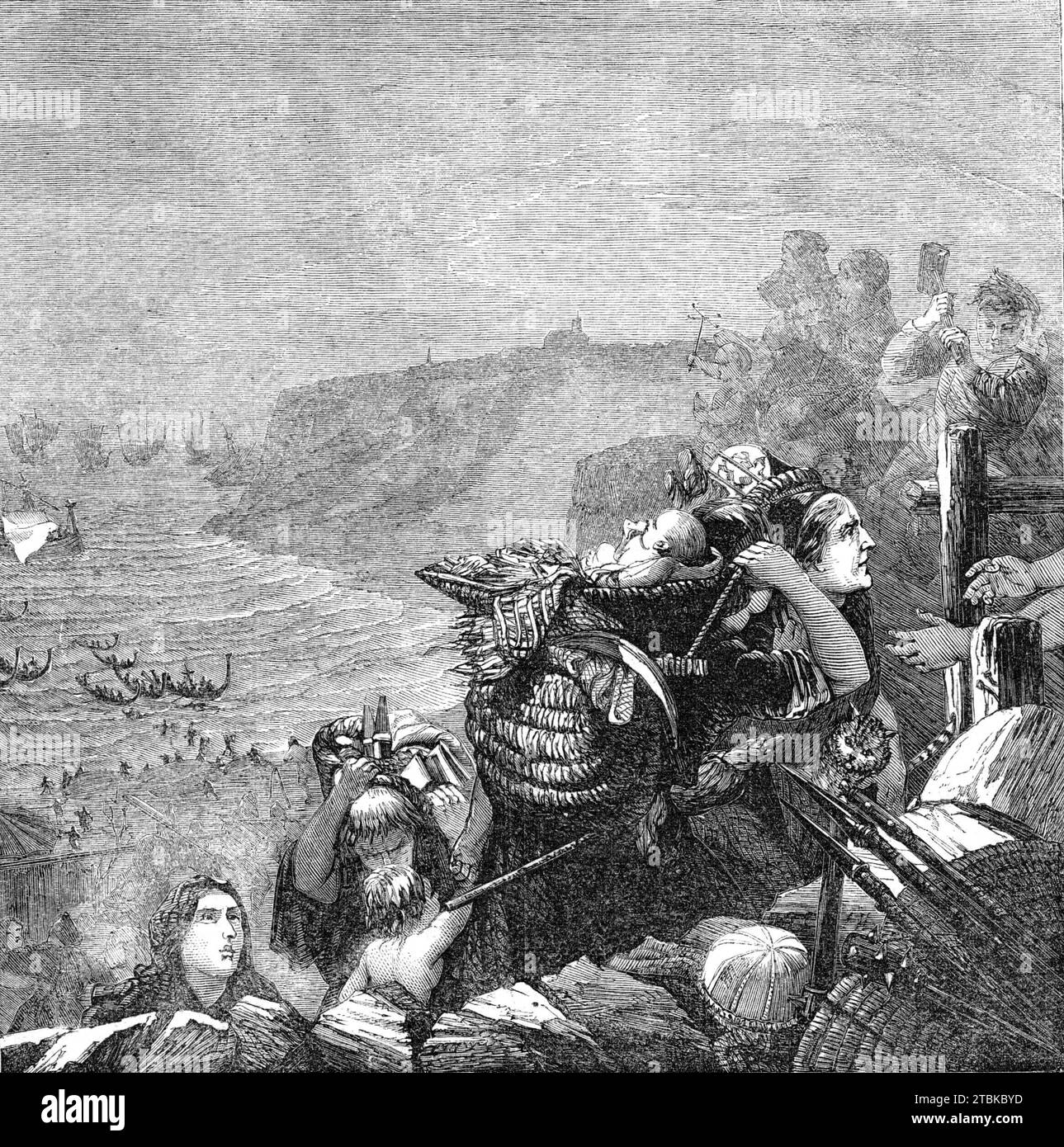 The Descent of the Danes, di Bell Scott, 1861. Incisione di un dipinto. Una di "...una serie di otto foto di W. Bell Scott illustrative della storia del confine inglese ora in vista alla Galleria francese...vediamo, attraverso la nebbia di una mattina d'estate, l'ospite delle navi a vela singola dei re marini che si avvicinano poco alla vista, arrotondando il punto di Tynemouth, ora, ai nostri tempi, sormontato da una rovina monastica e da un faro bianco. Le barche dei "serpenti" e dei "draghi", come erano chiamate le navi danesi, sono già a terra, fille Foto Stock