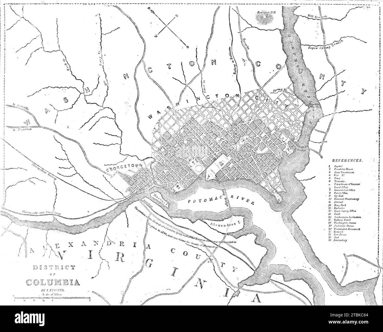 Mappa del Distretto di Columbia, 1861. La guerra civile americana. Mappa che mostra Washington, D.C. e i principali edifici; il fiume Potomac; Alexandria County, Virginia e il Chesapeake e Ohio Canal. Foto Stock