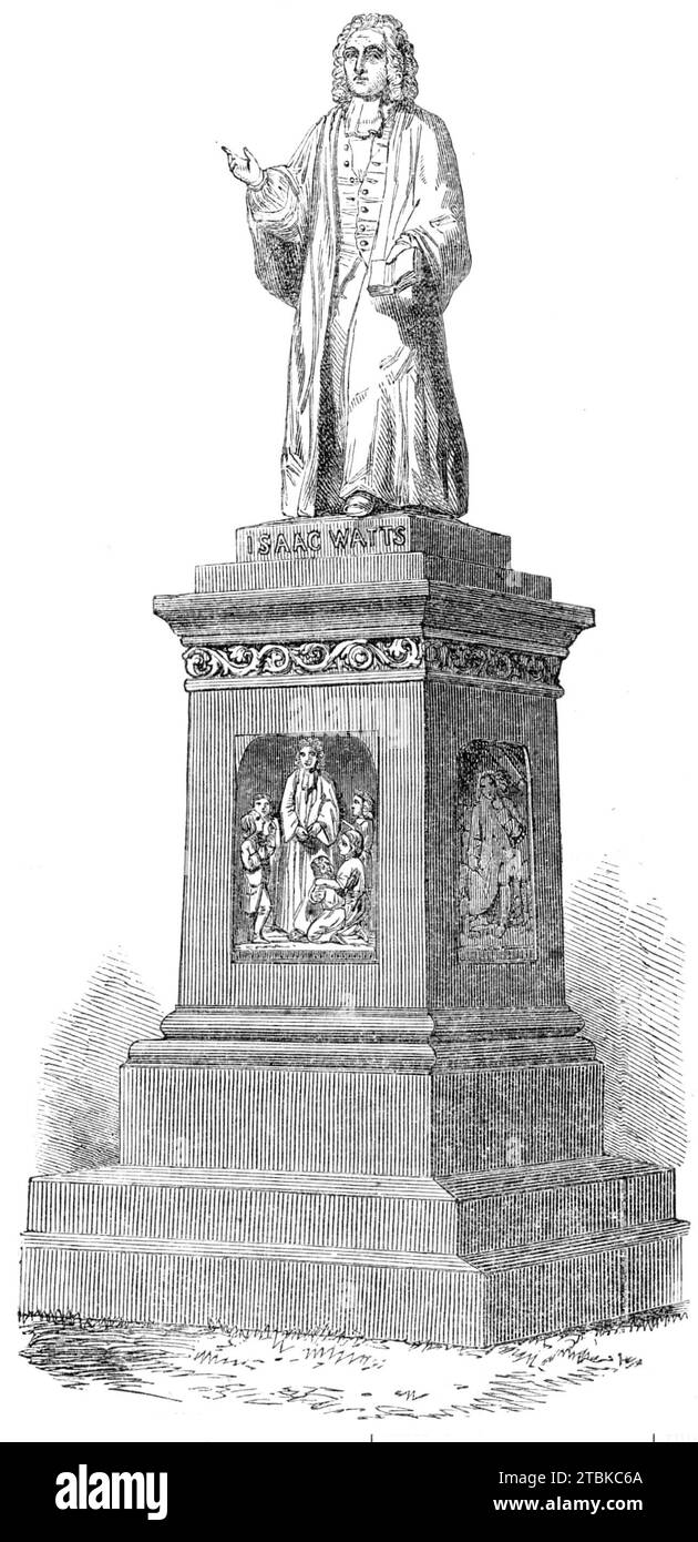 La statua commemorativa di Watts a Southampton, 1861. Un bell'opera d'arte è stata eretta nel parco pubblico di Southampton in memoria del dottor Isaac Watts, che era nativo di quella città, e mercoledì settimana, essendo un anniversario (il 187) del compleanno del poeta, è stato scelto in modo appropriato per la sua inaugurazione...la statua [di Richard Cockle Lucas]...è del più bel marmo bianco siciliano. Ci sono tre bassorilievi, anch'essi in marmo siciliano... uno di loro, davanti, rappresenta il dottor Watts come insegnante dei giovani, circondato da un gruppo di bambini, che gli ripetono i loro primi les Foto Stock