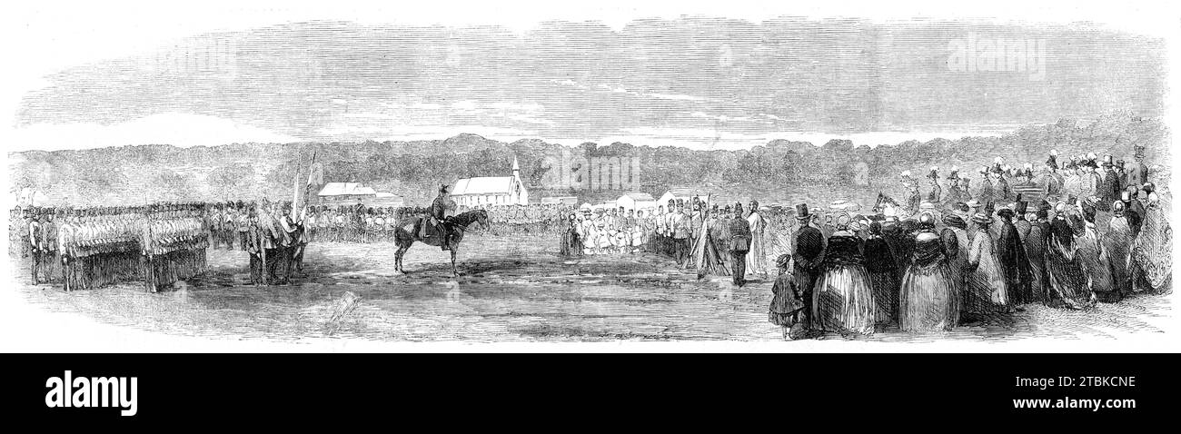 Presentazione dei colori al 36° reggimento da parte del principe di Galles al Curragh Camp, 1861. Il futuro re Edoardo VII in una base militare nella contea di Kildare, in Irlanda. Incisione da una fotografia del capitano Fenton del 86° reggimento. "Le consuete cerimonie preliminari sono state passate e i colori consacrati dal Rev. Horace Wheeler, il Cappellano, sua altezza reale le hanno presentate alle insegne Dumergue e Bond, parlando come segue: "colonnello Hort, ufficiali, sottufficiali, e privati del 36° reggimento, mi offre una gratificazione molto sincera, dopo aver fatto Foto Stock