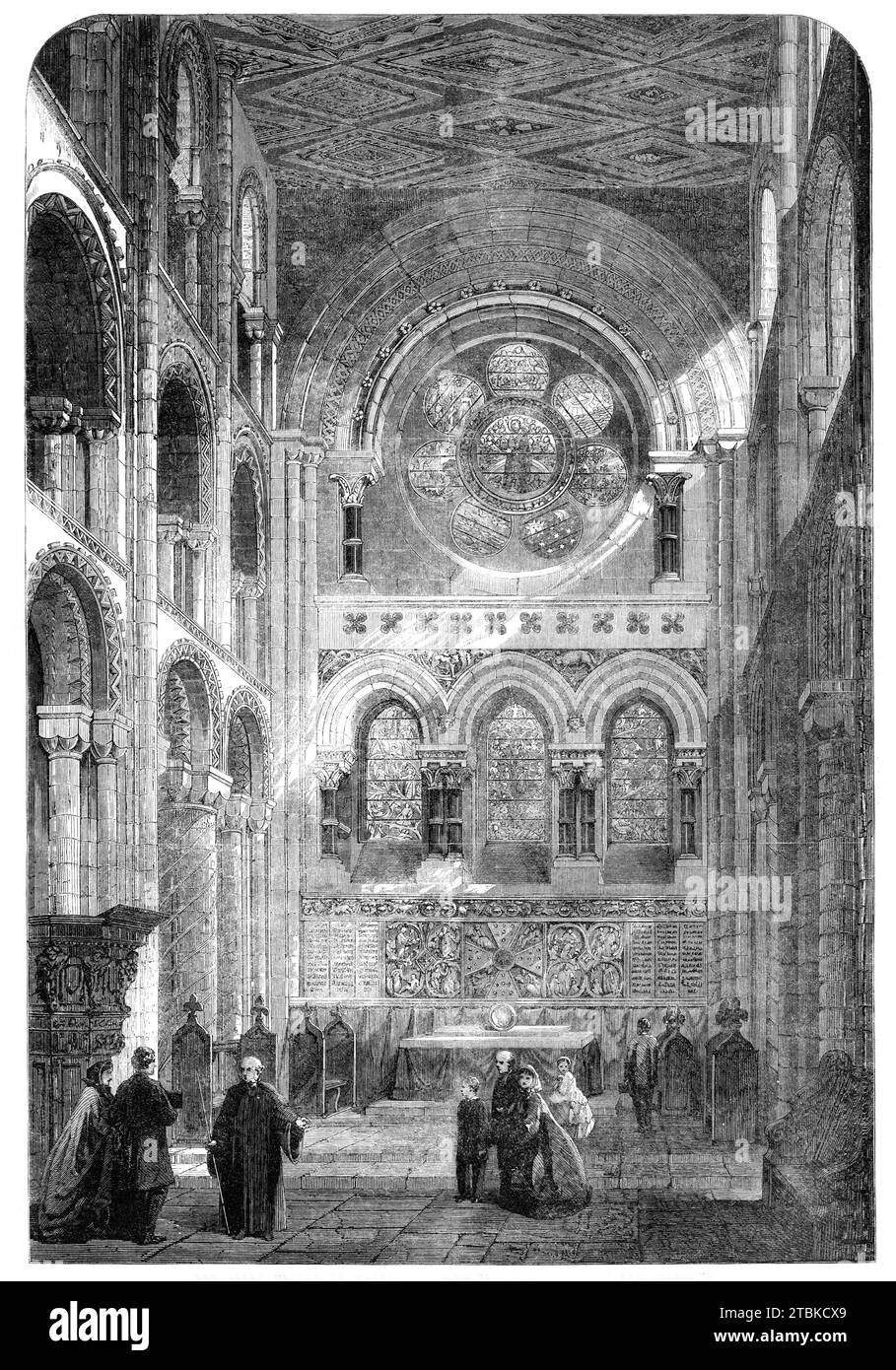 La chiesa abbaziale di Waltham Holy Cross: The New East End, 1861. "La storia della celebrata Abbazia di Waltham (nell'Essex) è ormai così ben nota, e così tante persone hanno visitato i resti della Chiesa di Harold fin dall'inizio delle riparazioni, che al momento dobbiamo fare riferimento solo al nuovo lato est, che si sta rapidamente completando. Poiché l'architettura dell'inizio della metà del XIII secolo è ormai universalmente considerata la migliore, le finestre orientali sono state costruite in questo stile, e sono riempite con le migliori vetrate colorate che si possono ottenere...molti dei parrocchiani hanno Advan Foto Stock
