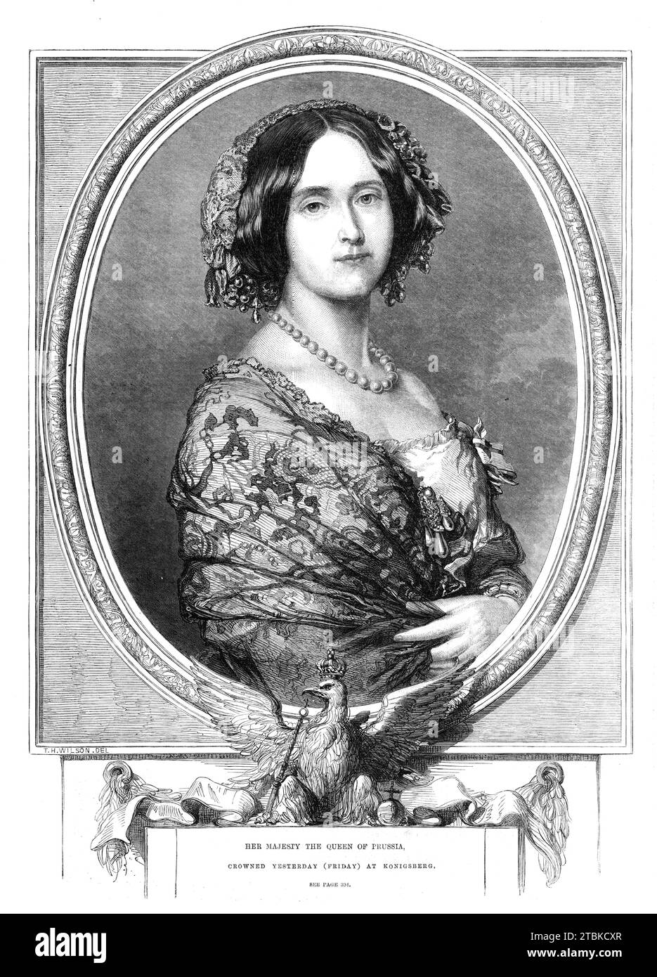 Sua Maestà la Regina di Prussia, incoronata a K&#xf6;nigsberg, 1861. Nel 1829 la principessa Augusta di Sassonia-Weimar-Eisenach sposò Guglielmo i, imperatore di Germania, re di Prussia, che aveva più di quattordici anni. Furono incoronati il 18 ottobre 1861. Da "Illustrated London News", 1861. Foto Stock
