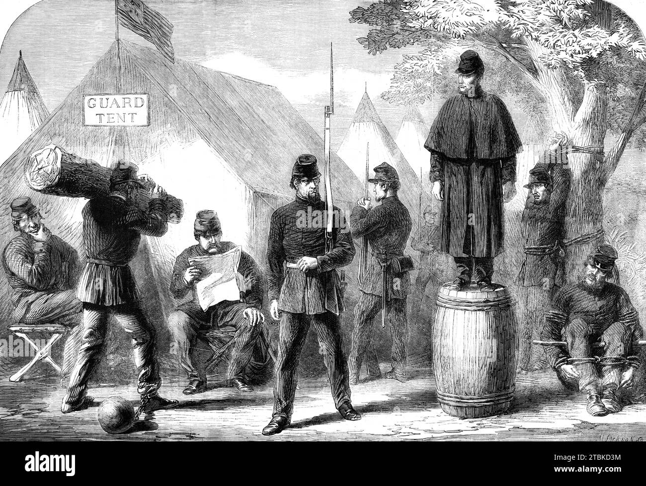The Civil War in America: Punishment Drill in the Federal Camp - da uno schizzo del nostro artista speciale, 1861. I soldati offensivi mostrarono durare varie forme di disciplina militare: Incatenati alla caviglia a una palla pesante mentre si spalle un grosso tronco; fatti per bilanciare per ore su una canna; legati a un albero dalla vita e mani sollevate; e trattenuti nella posizione "buck and gag (bucking)". Da "Illustrated London News", 1861. Foto Stock