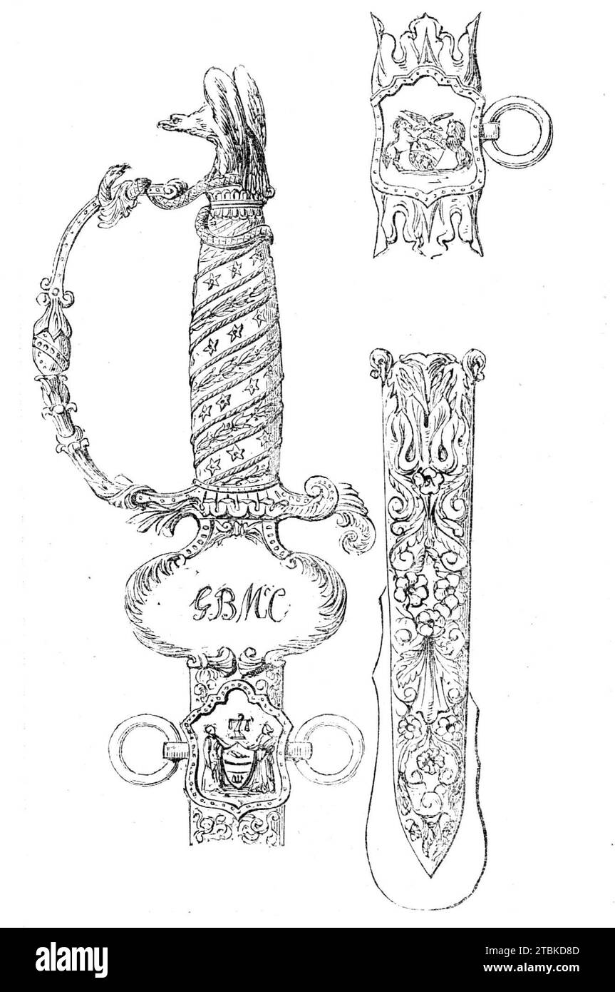 Spada d'onore presentata al generale M'Clellan dalla città di Philadelphia, 1861. "Signori Baily e Co., di Chesnut-Street, Philadelphia, hanno appena completato una spada per il generale M'Clellan. La spada è la spada del maggiore generale, la lama di acciaio Damasco fine, il tagliabarda e il manico d'argento, pesantemente dorato; l'altalena è sormontata da un'aquila dalla testa calva che frantuma un serpente; l'impugnatura è intrecciata con convoluzioni alternate di stelle e foglie di alloro formate da diamanti e perle. Sulla guardia, che funziona su una cerniera, ci sono le iniziali del generale, riccamente inseguite. Sul Foto Stock