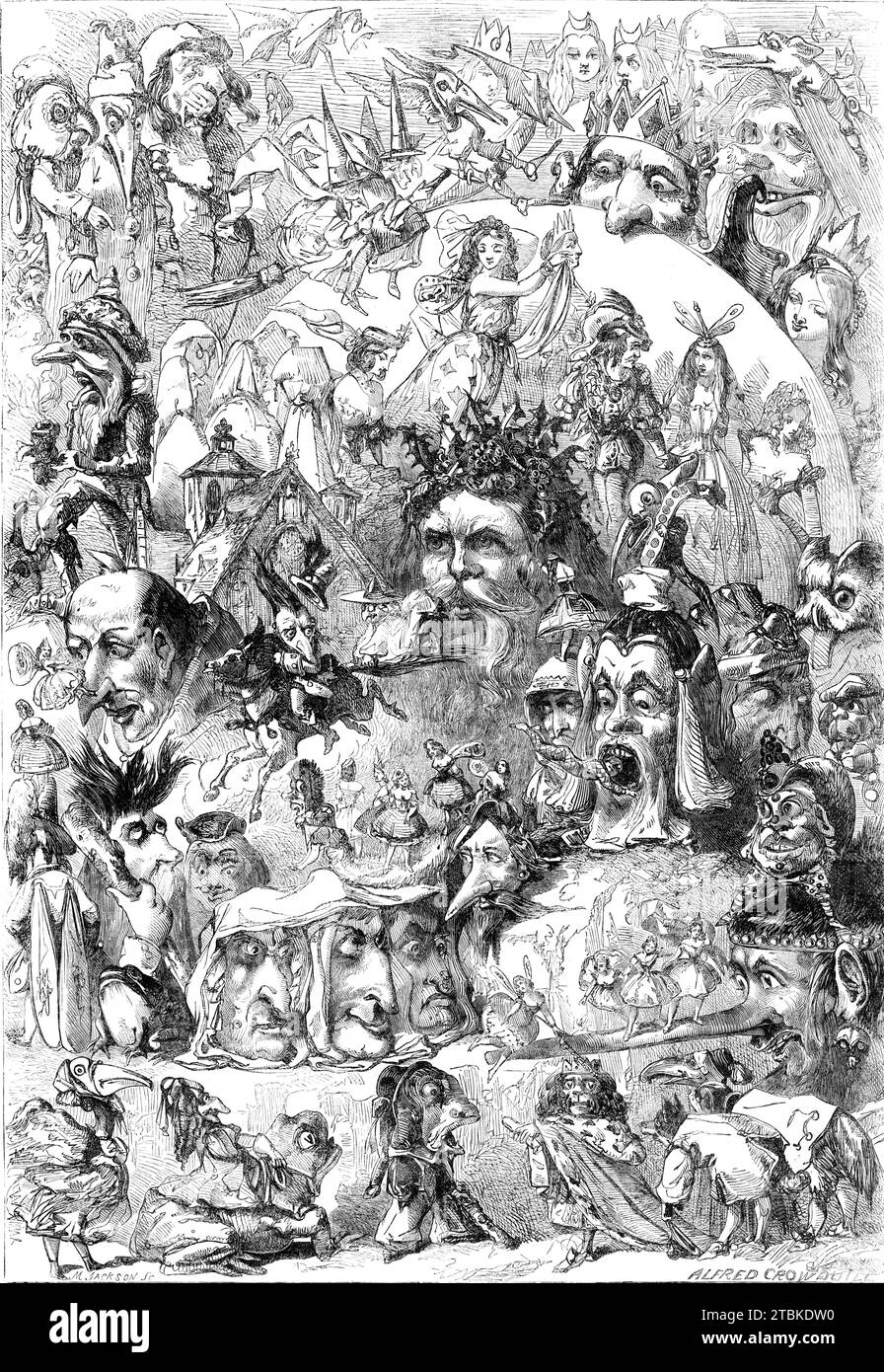Quello che ho visto nell'incendio - disegnato da A. Crowquill, 1861 anni. Illustrazione di una poesia di A. C-Rambo, (probabilmente uno pseudonimo di Crowquill e un'allusione al popolare gioco vittoriano Dumbo Crambo). "Quando spiavo vicino al mio fuoco natalizio, avevo cenato; e sentendomi solo per quaranta volte incline a stare lontano... quando tutto in una volta in mezzo al carbone splendente ho visto strane facce - poppa, fantastica, droll; fate brillanti, gnomi, e le streghe della notte; re, signore, sprite, tutti marciati alla luce; poi rocce che si aggrappano, con castelli in cima, che hanno bruciato, fumato e sputato, ma non hanno fermato CR Foto Stock