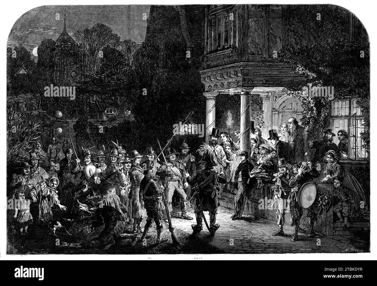 Christmas mummers - disegnato da A. Hunt, 1861. "La Mummer... è di classe non troppo alta per una buona compagnia, né troppo bassa per il rispetto di se stessa. È generalmente di medio livello, perché il tuo nobile è troppo orgoglioso per mescolarsi in questi sport semplicemente popolari, e il tuo contadino è troppo sconosciuto...la Mummer...deve...sapere qualcosa su St. Giorgio e il Drago... e altri romanzi... che possono essere resi il tema del passatempo alla gioiosa e sacra marea di Natale... per la gente della sala è il benvenuto dopo una moda. Lo scudiero e la sua signora sono interessati, ma i giovani aristocratici lo considerano rath Foto Stock