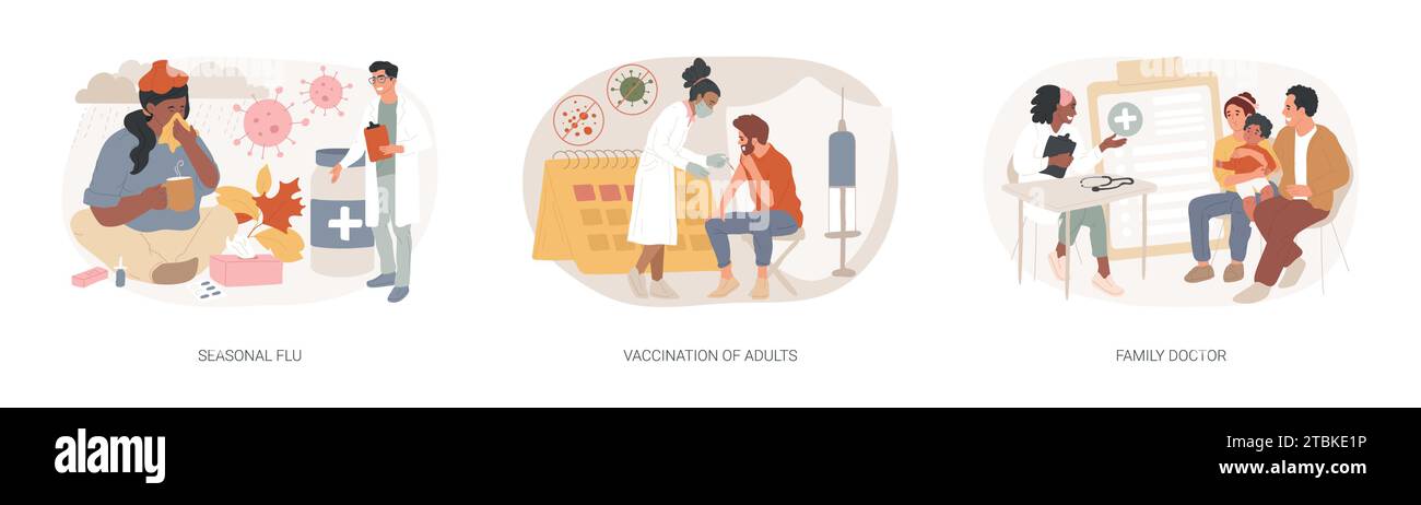 Set di illustrazioni dei vettori del concetto isolato di trattamento dell'influenza. Influenza stagionale, vaccinazione degli adulti, medico di famiglia, sintomi di infezione acuta, programma di immunizzazione, concetto vettore servizio medico. Illustrazione Vettoriale