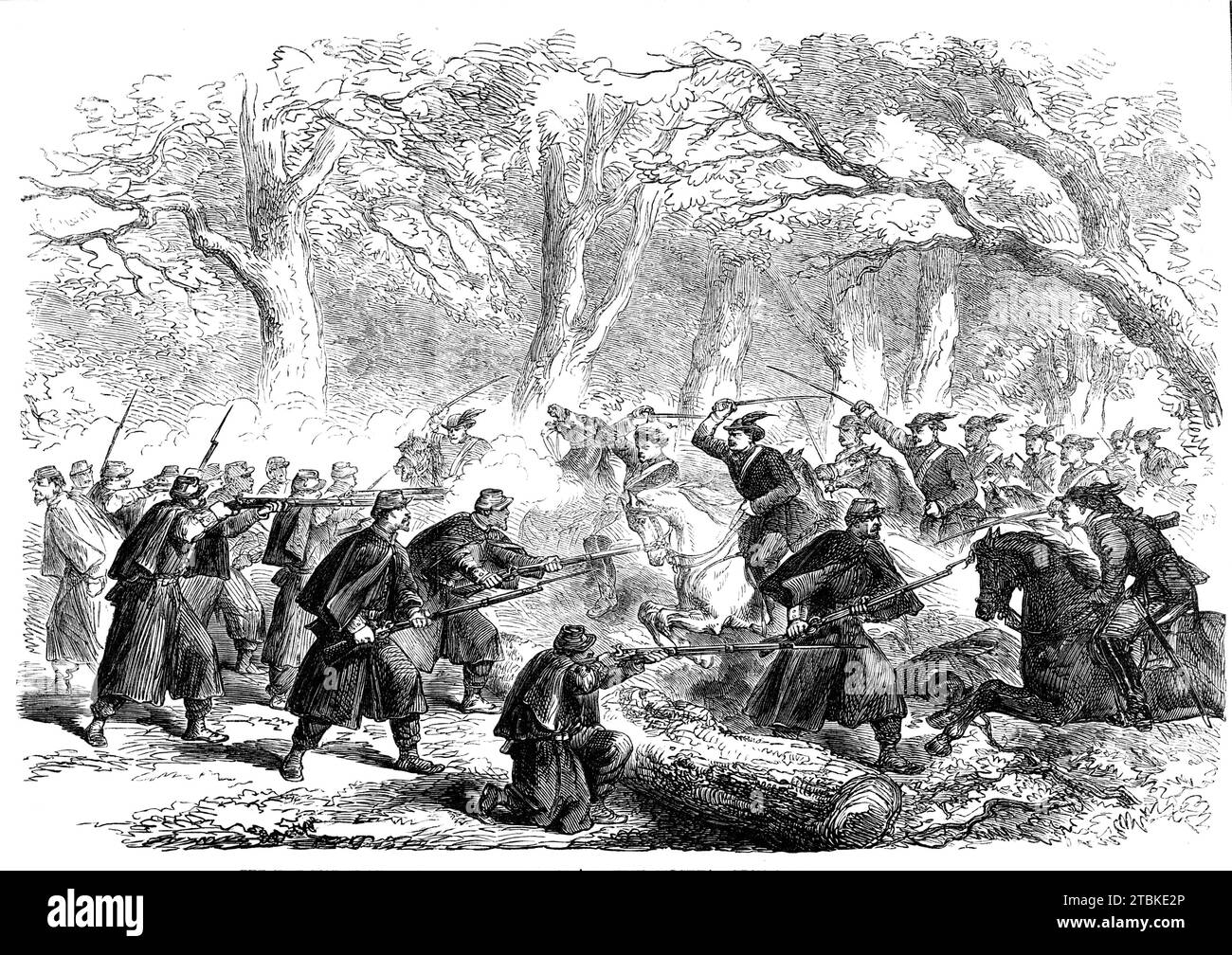 The Civil War in America: Shomish Near Fall's Church, Virginia - da uno schizzo del nostro artista speciale, 1861. "Sebbene non ci fosse stato alcun scontro degno di nota tra le forze rivali sulle rive del Potomac al momento degli ultimi dispacci che lasciavano l'America, eppure attacchi e contrattacchi su piccola scala tra corpi distaccati continuavano a verificarsi. L'illustrazione di accompagnamento del nostro artista nel campo federale, mostra una schermaglia che ha avuto luogo per un breve periodo ago...between un corpo del 14th New York Regiment (Brooklyn) Regiment e una truppa di cavalleria confederata. Il 14 è stato sorpreso Foto Stock