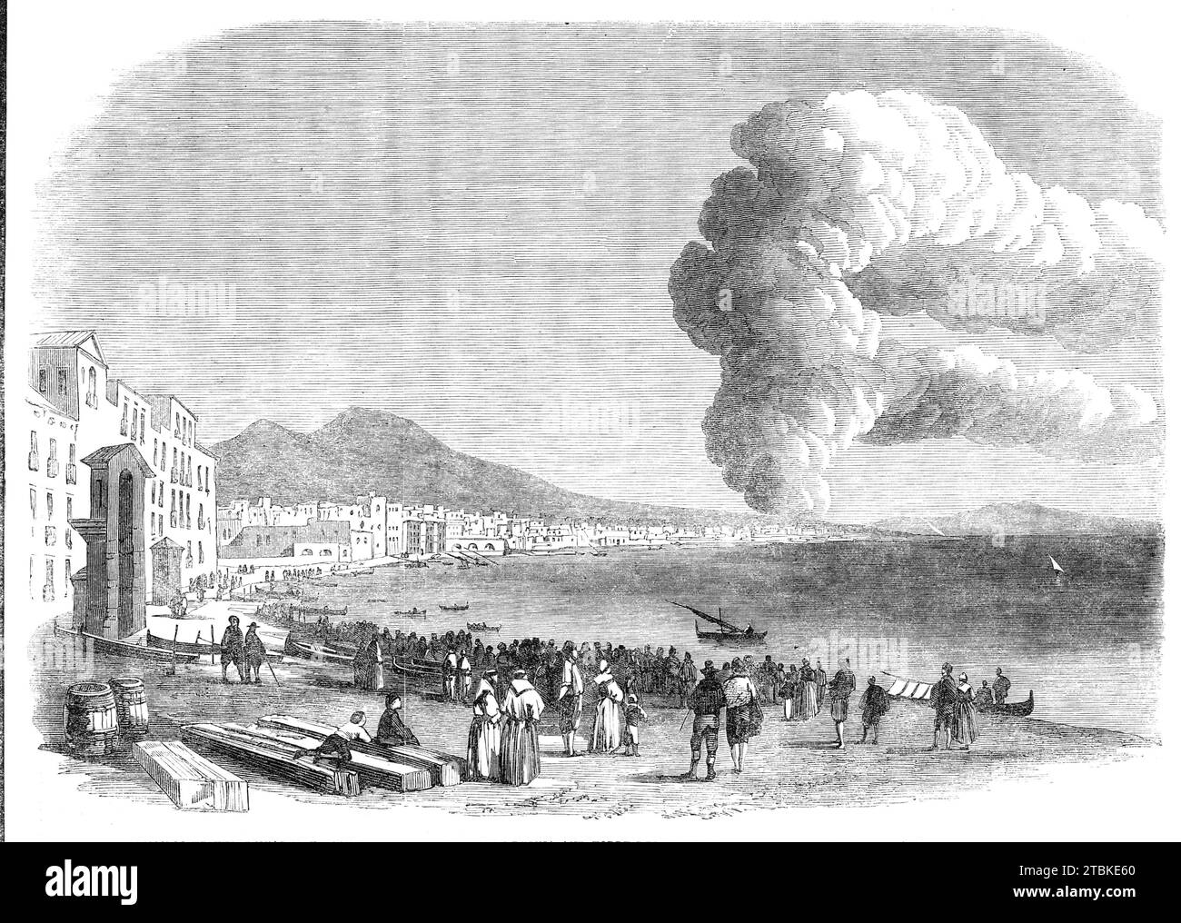 Eruzione del Vesuvio ai piedi del colle, tra Resina e Torre de Greco, vista dalla Marinella di Napoli, 1861. Incisione da uno schizzo del signor Roskilly. "In due o tre minuti il fumo aveva raggiunto l'altezza mostrata nell'illustrazione...[un] nuovo cratere... scoppiò sulla vecchia lava... l'aspetto del villaggio di Torre del Greco è qualcosa di spaventoso... nessuna casa fu lasciata illesa, e un gran numero fu distrutto... l'orizzonte era perfettamente oscurato, la bocca della baia nascosta dal fumo e dalle ceneri...[Vesuvio] scoppiò in doppia furia, gettando pietre e le sue ceneri... Foto Stock