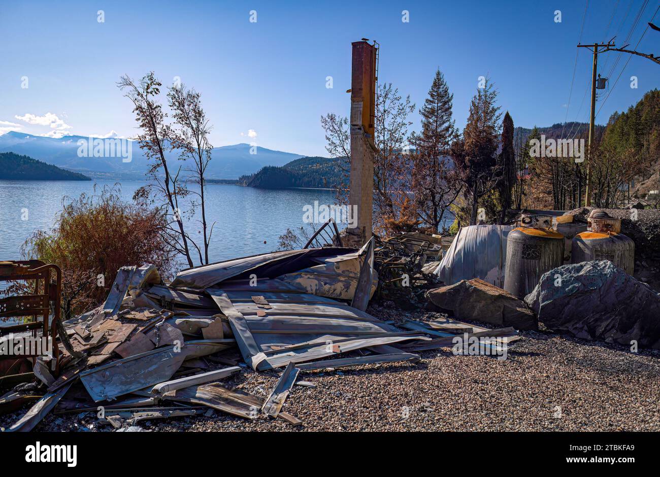 Foto di un caminetto e di ciò che rimane di una casa bruciata nell'incendio della foresta di Bush Creek East. L'incendio ha spazzato via l'area del lago Shuswap settentrionale. Foto Stock