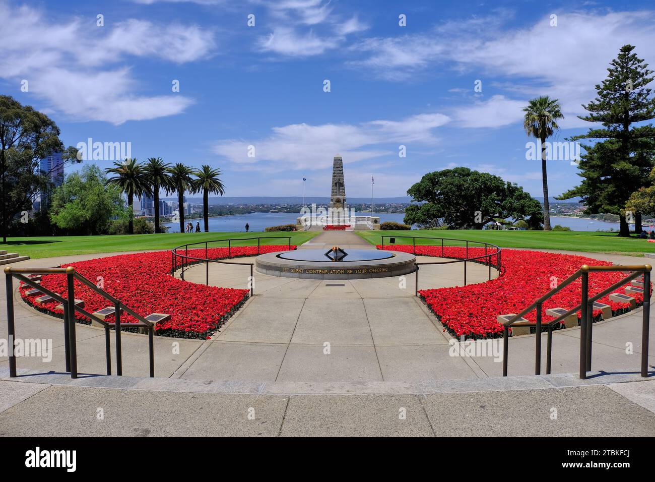 Perth: Memoriale della Guerra di Stato con papaveri colorati a maglia rossa per il Remembrance Day, Kings Park, Perth, Australia Occidentale Foto Stock