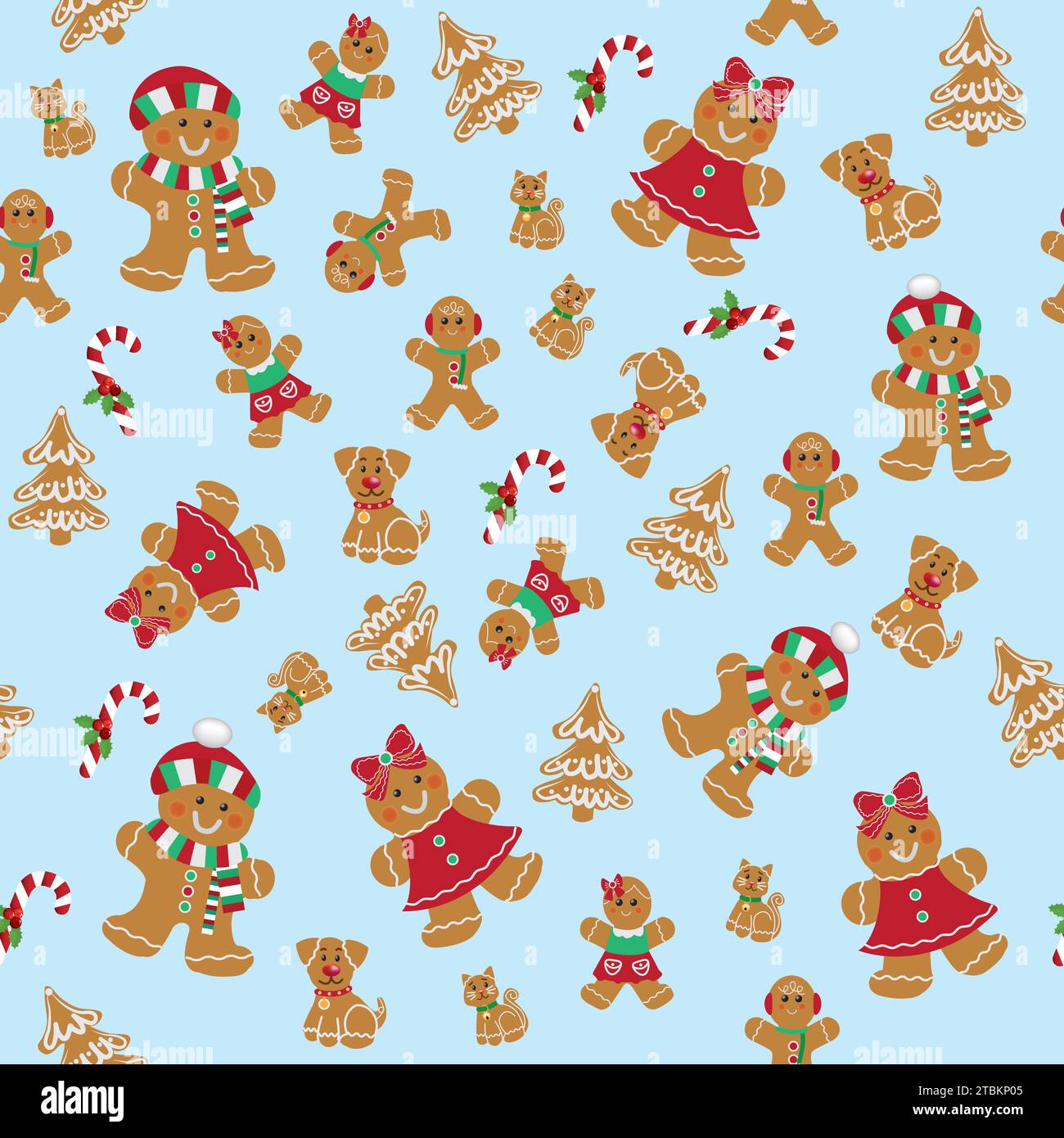 Schema a ripetizione senza cuciture del pan di zenzero: Famiglia: Padre, madre, figlia, figlio, figli, cane, gatto, animali domestici, canna da zucchero, albero di Natale. Illustrati vettoriali Illustrazione Vettoriale