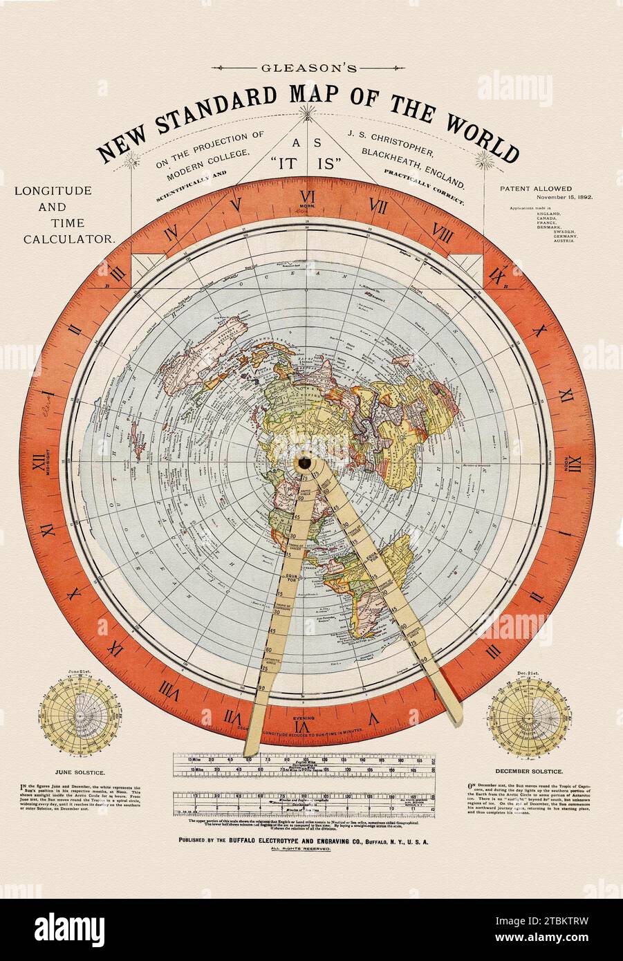 Mappa della Terra piatta del '1892 di Alexander Gleason. Gleason's New Standard Map of the World on the Projection of J. S. Christopher, Modern College, Blackheath England. Scientificamente e praticamente corretti. Buffalo: Buffalo Electrotype and Engraving Co., 1892." Foto Stock