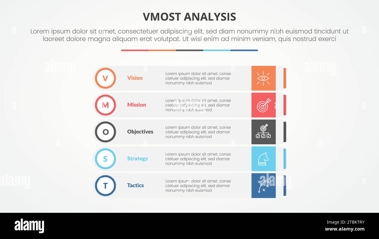 concetto infografico del modello di analisi vmost per presentazioni di diapositive con stack rettangolare con badge circolare con elenco a 5 punti con stilo piatto Foto Stock