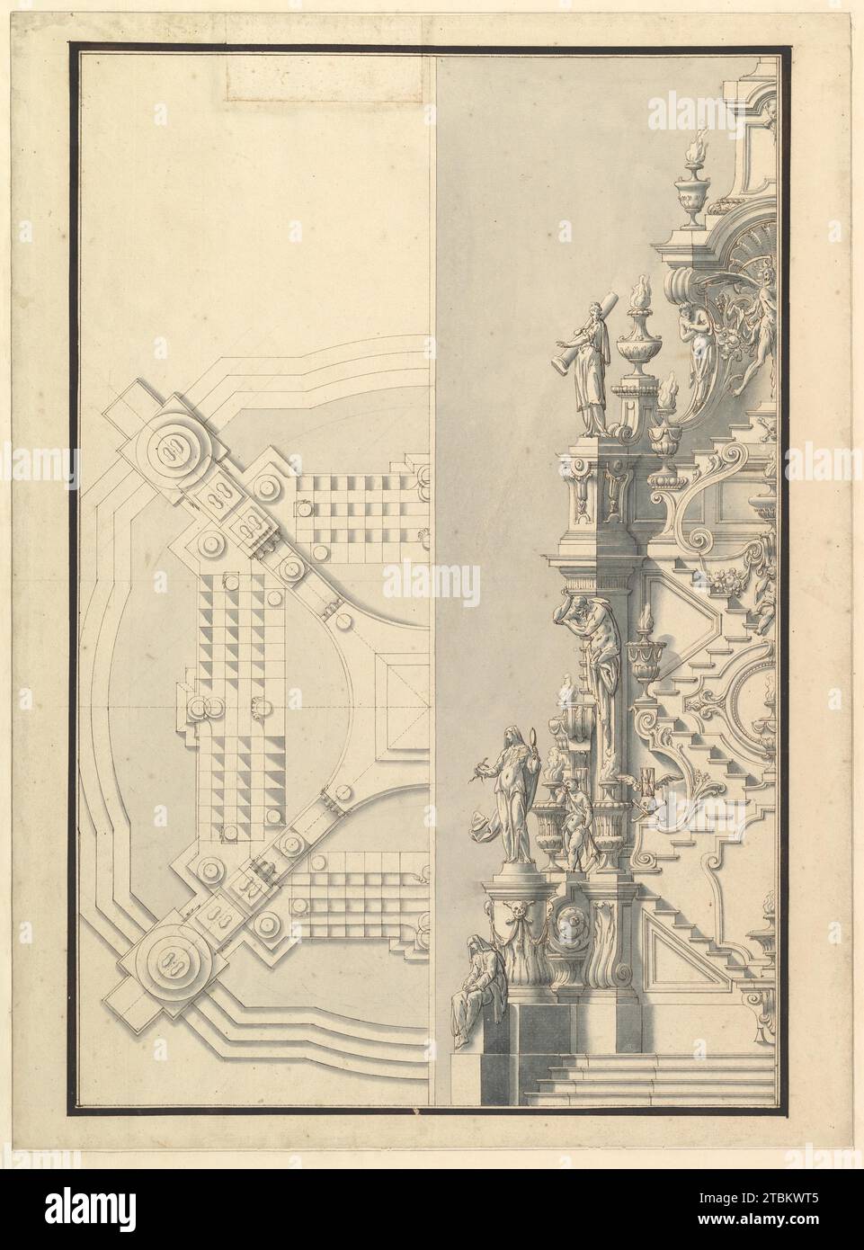 Mezza elevazione e mezza pianura per catafalco 1972 di Giuseppe Galli Bibiena Foto Stock