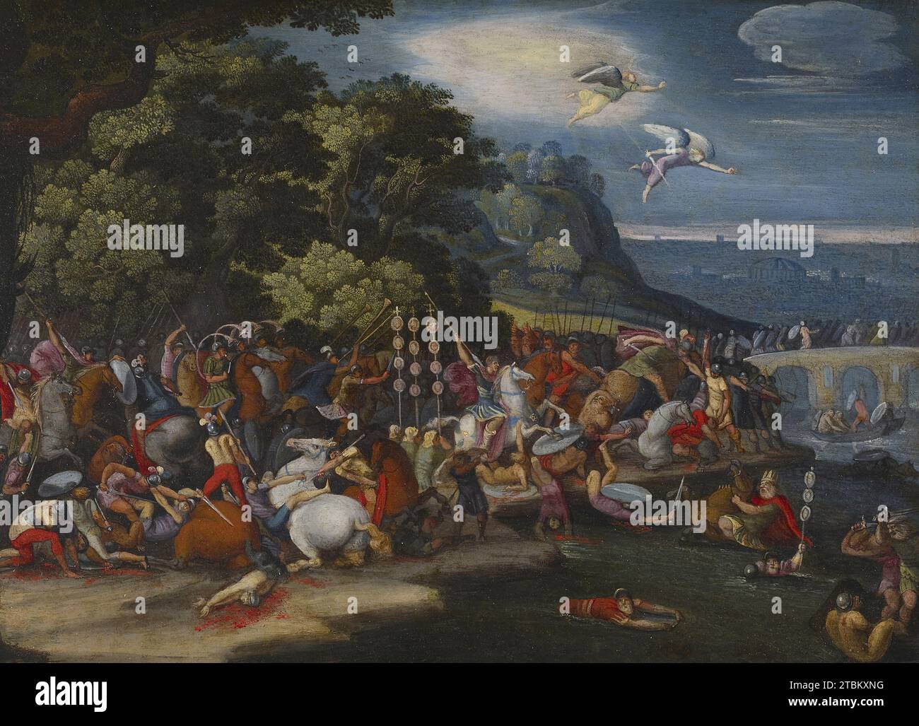 Costantino il grande al Ponte Milviano, c1640. L'imperatore romano Costantino il grande (ca. AD 275-337) sconfisse i suoi rivali per il controllo di Roma in una battaglia cruciale al Ponte Milvio sul fiume Tevere nel 312 d.C. Secondo lo scrittore cristiano Eusebio, nella sua vita di Costantino, l'imperatore sperimentò una visione in cui una croce di luce appariva nel cielo accompagnata da parole in greco che potevano essere tradotte come "in questo segno conquisterai". Questo fu l'inizio della sua conversione al cristianesimo. Costantino avrebbe successivamente stabilito il cristianesimo come offici Foto Stock