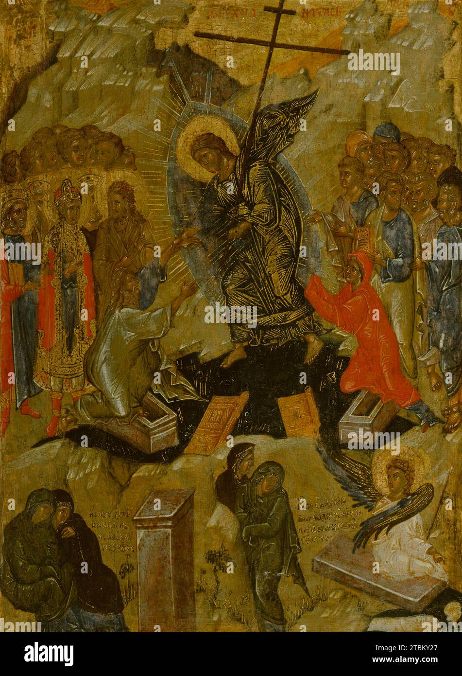 Resurrection of Christ, c1350-1375. Questa icona, una delle più belle del Nord America, presenta l'Anastasi, o la Resurrezione di Cristo, la tradizionale immagine bizantina che raffigura la discesa di Cristo all'inferno per redimere il giusto dell'Antico Testamento. Nella parte superiore del dipinto è mostrato lo straziamento dell'Inferno. Nella tradizione cristiana, questo è il periodo di tempo tra la sepoltura di Cristo il venerdì Santo e la scoperta della sua Resurrezione la domenica di Pasqua, quando si pensava che Cristo fosse entrato nell'inferno, sconfisse Satana e liberò le anime degne che vi erano state imprigionate, Foto Stock