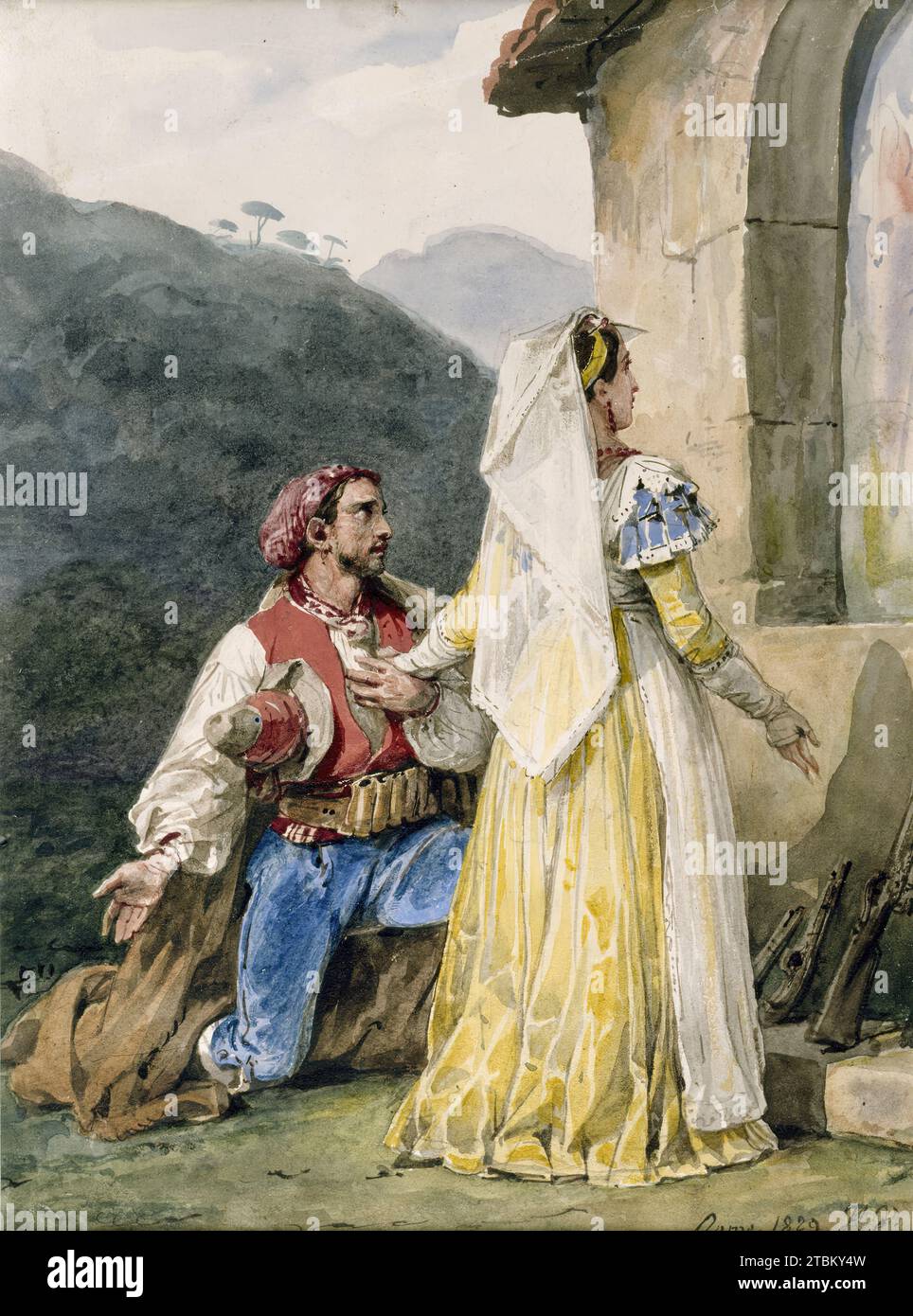 Contadini italiani in un santuario, 1829. In questo disegno dall'inizio della carriera dell'artista, che può avere o meno una fonte testuale, il vernet romantico è in piena evidenza. Un brigante italiano si inginocchia ai piedi della sua amata, stringendo la mano al suo cuore, mentre si trova davanti a un altare che si immagina facilmente di ospitare una scultura della Madonna maledetta. Il rinnegato nomade, che vive per sfidare un governo corrotto e difendere i principi universali del bene, ha momentaneamente messo da parte le sue armi. Egli dichiara le sue intenzioni virtuose, e gli amanti si appellano alla Madonna per la sua benedizione. Eseguito Foto Stock