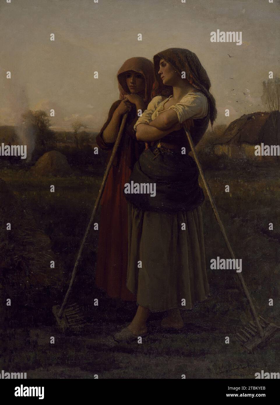 La fine del giorno, 1865. Due contadine riposano appoggiandosi sui rastrelli mentre il sole tramonta. Breton si allenò in Belgio e a Parigi, ma rimase impegnato nella sua città natale, Courri&#xe8;res nel dipartimento di Pas-de-Calais nel nord della Francia. I suoi primi dipinti riflettono una preoccupazione per la difficile situazione per i poveri rurali, ma le sue opere successive tendevano a romanticizzare la loro esistenza. Foto Stock